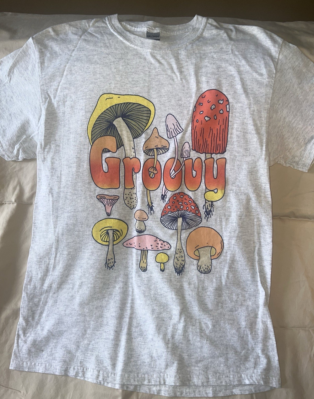 Hippie Retro Boho Groovy Mushroom T shirt Tee Shirt Heather Gray -Size Medium